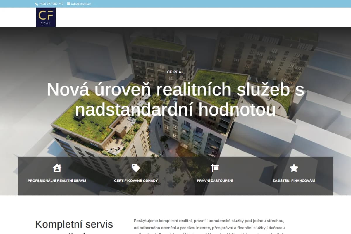 Úvodní stránka webu realitní kanceláře CF Real