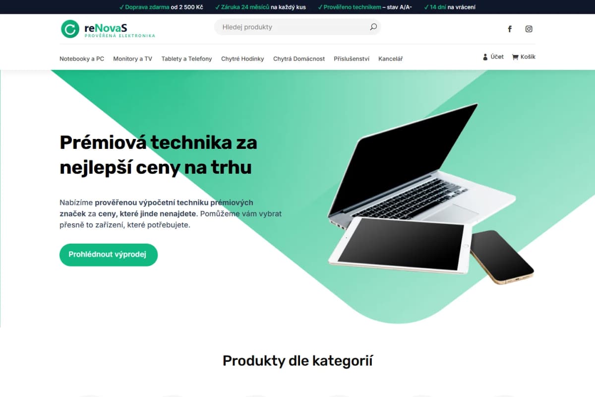 Úvodní stránka e-shopu reNovaS s repasovanou elektronikou