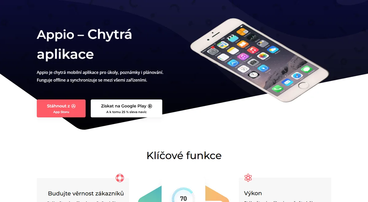 Web pro mobilní aplikaci — Úvodní obrazovka aplikace