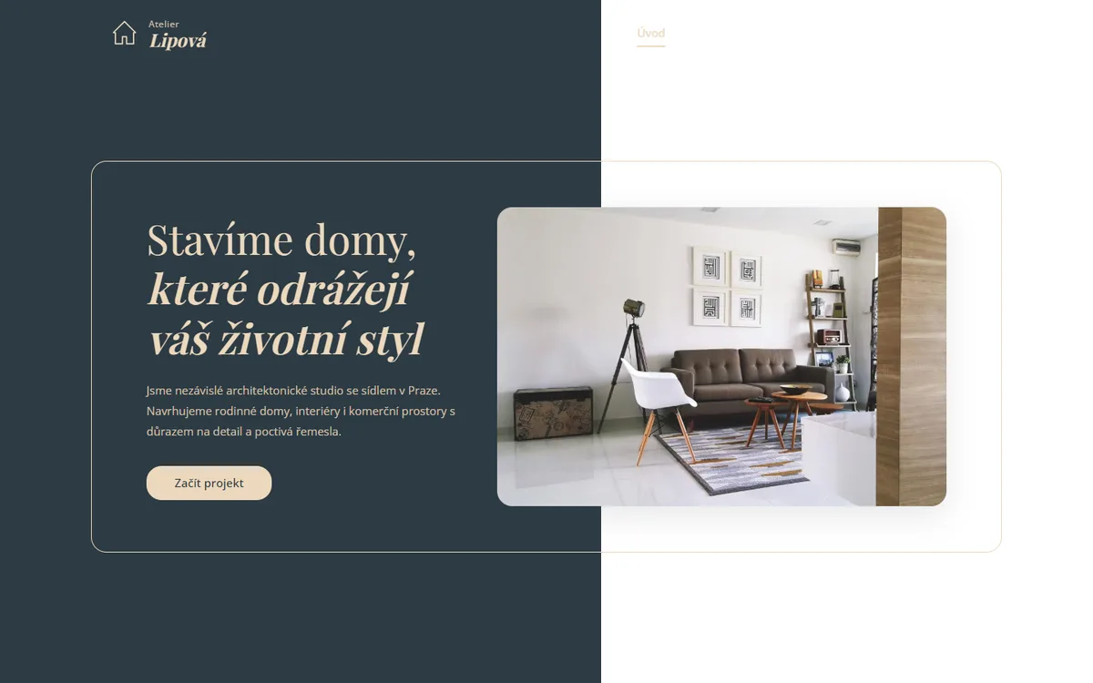 Web pro stavební ateliér — Úvodní obrazovka ateliéru