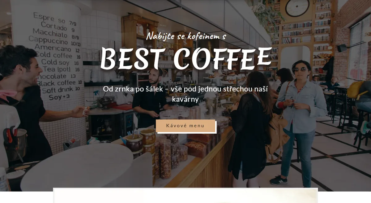Web pro kavárnu — Úvodní obrazovka kavárny