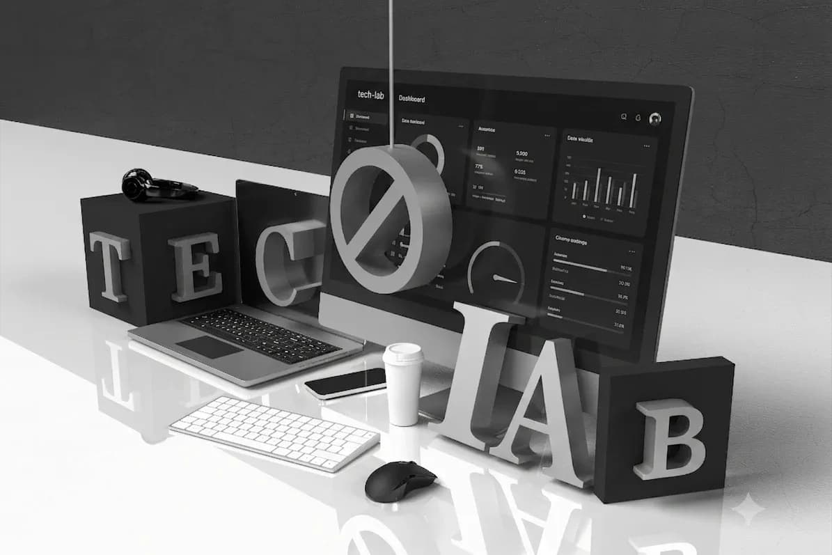 Černobílá 3D scéna: monitor s rozhraním webu, notebook a prostorová písmena na lesklém stole