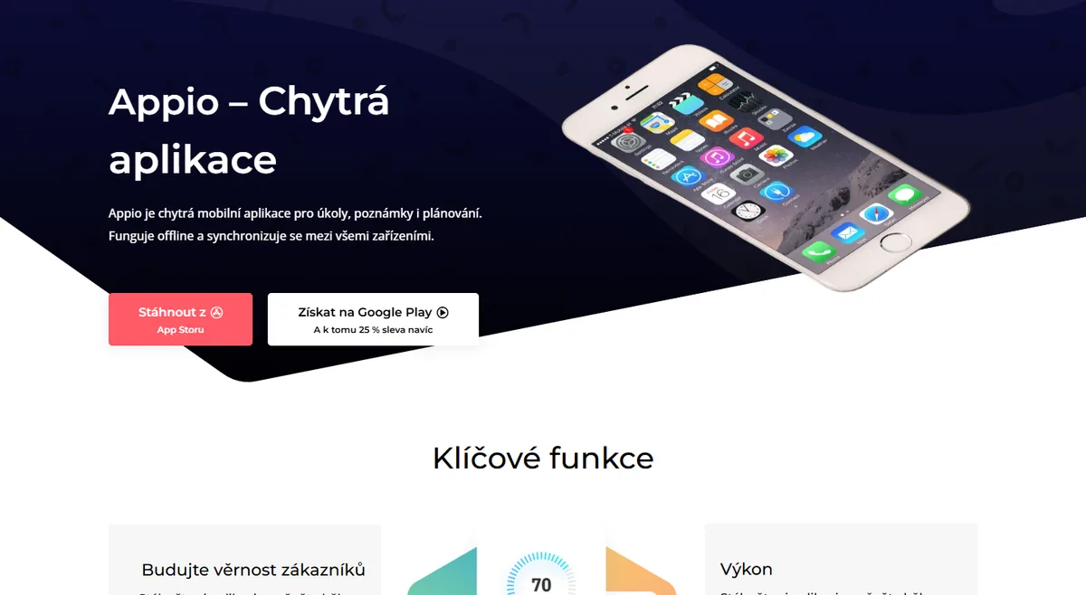 Web pro mobilní aplikaci — Klíčové funkce