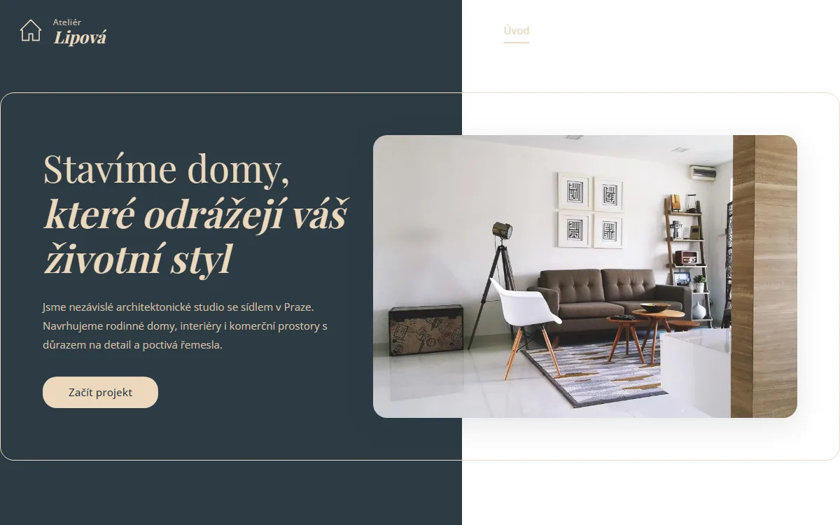 Web pro stavební ateliér — Úvodní obrazovka ateliéru