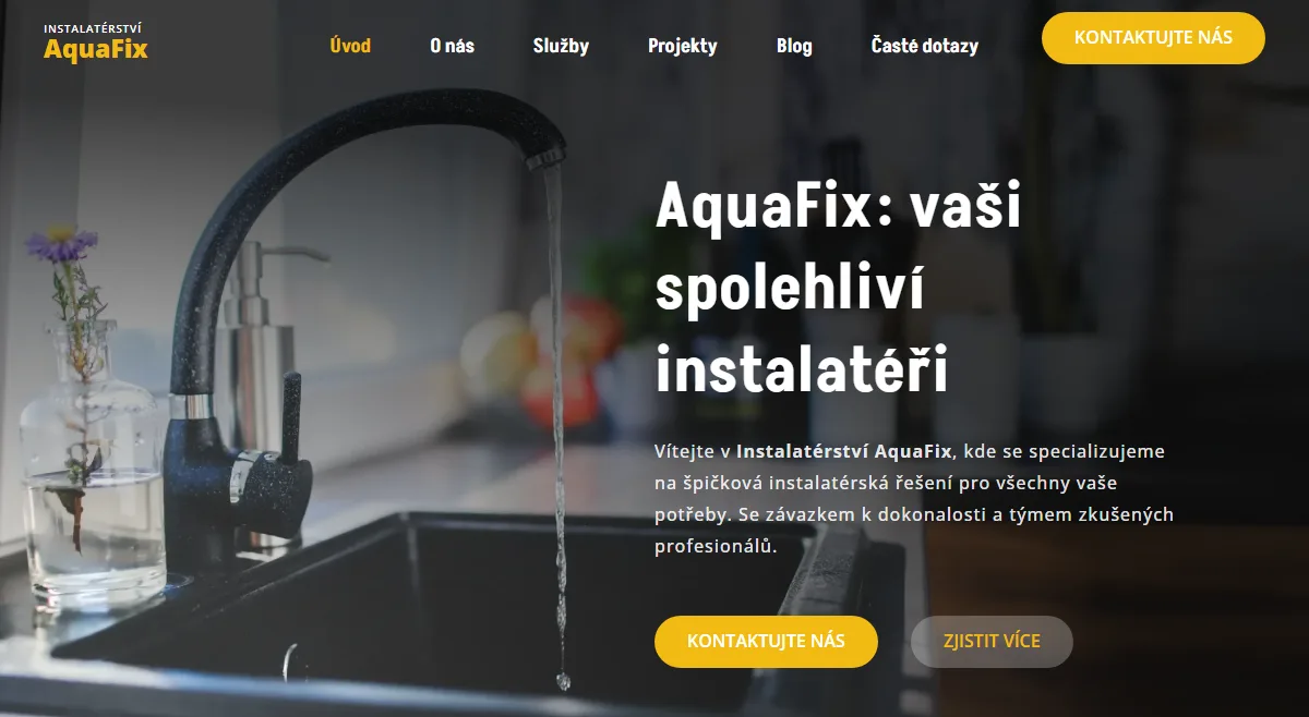 Web pro instalatéra — Úvodní obrazovka s kontaktem