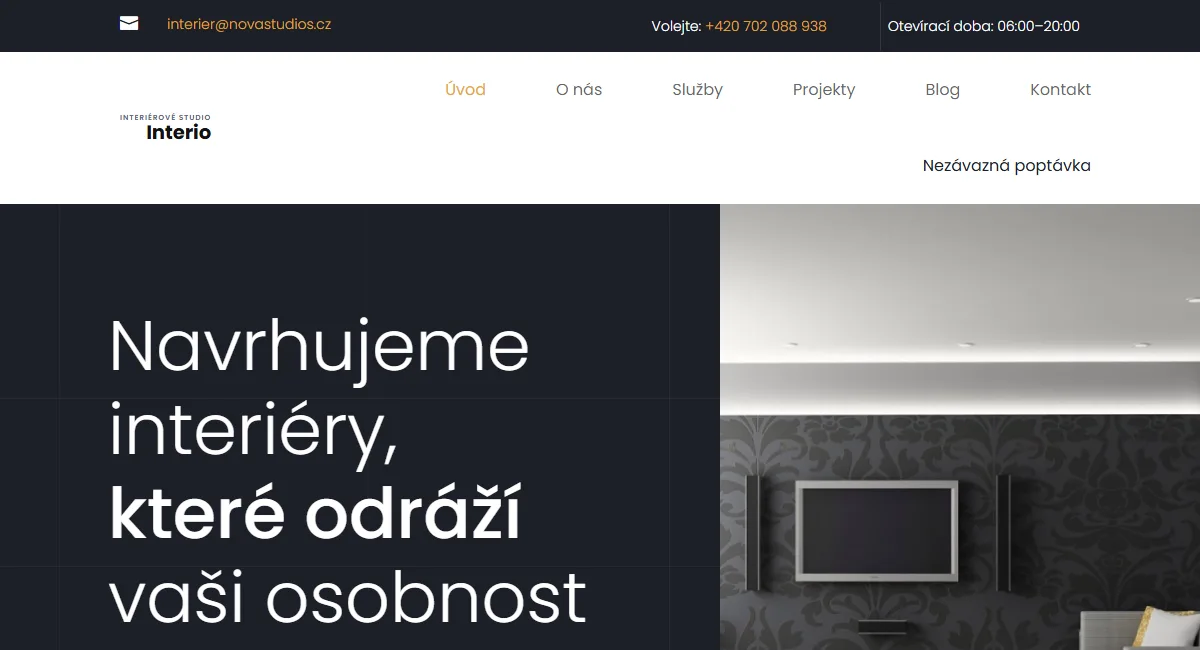 Web pro interiérové studio — druhá varianta — Úvodní obrazovka studia