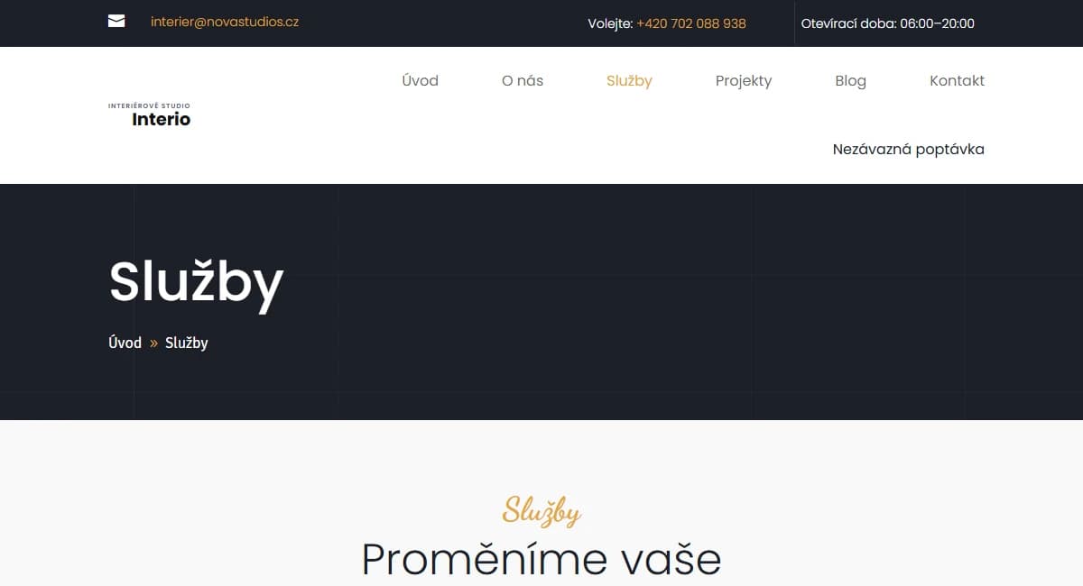 Web pro interiérové studio — druhá varianta — Služby a přístup