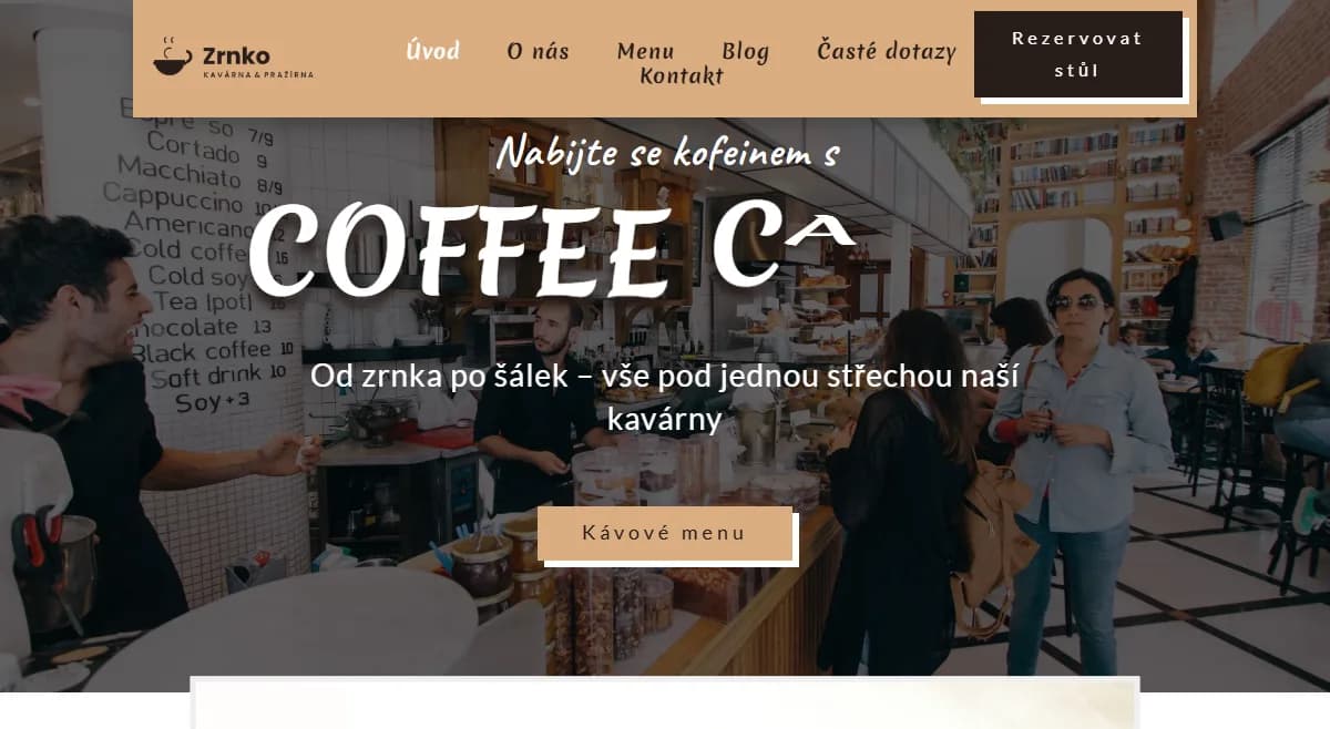 Web pro kavárnu — Úvodní obrazovka kavárny