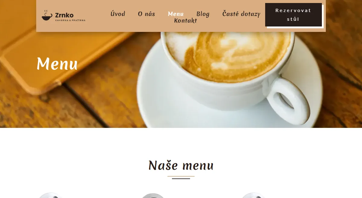Web pro kavárnu — Nabídka a speciality