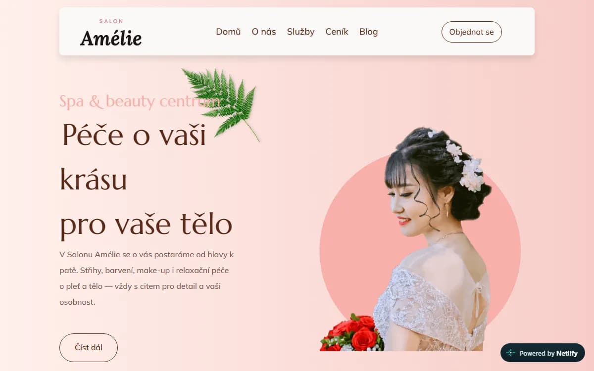 Web pro kadeřnictví — Úvodní obrazovka
