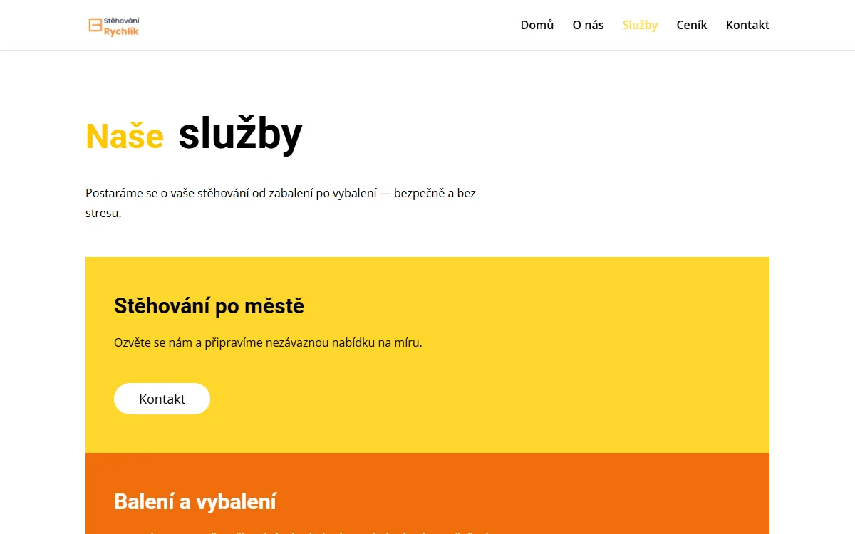 Web pro stěhovací firmu — Služby
