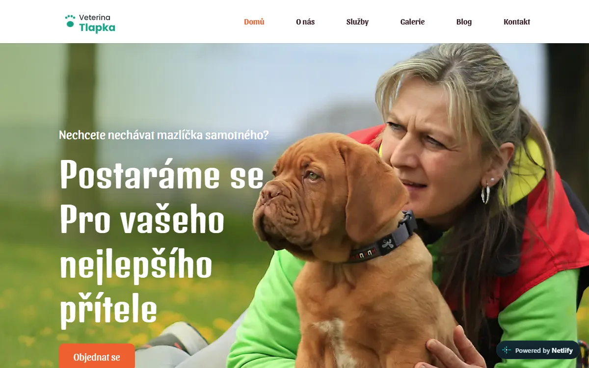 Web pro péči o mazlíčky — Úvodní obrazovka