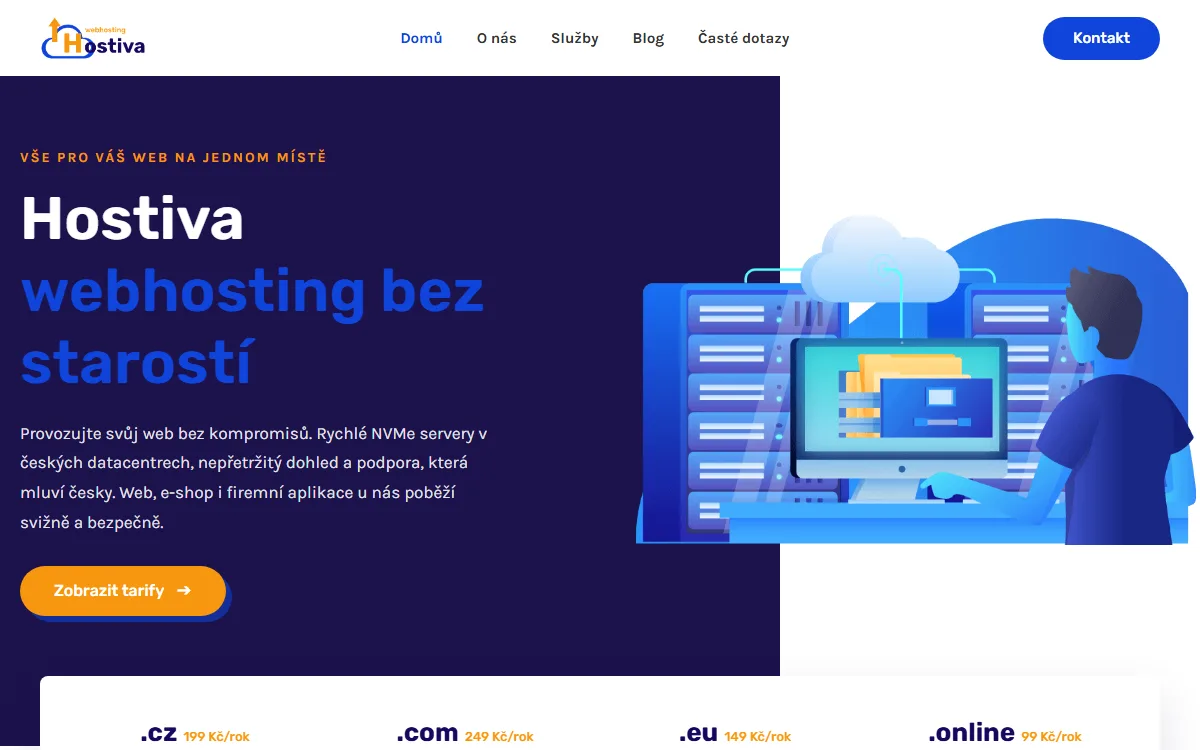 Web pro webhosting — Úvodní obrazovka s tarify